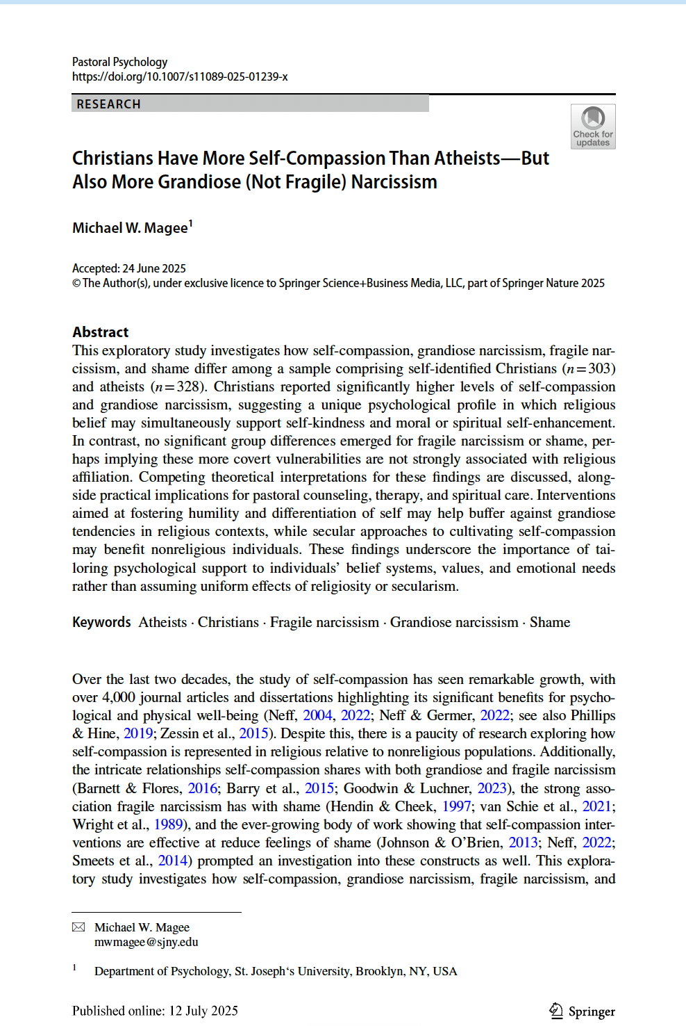 Front page of Magee (2025), Christians Have More Self-Compassion Than Atheists—But Also More Grandiose (Not Fragile) Narcissism, published in Pastoral Psychology
