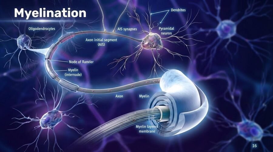 Illustration of a myelinated axon showing oligodendrocytes, myelin internodes, nodes of Ranvier, and a cross-section of the layered myelin membrane.