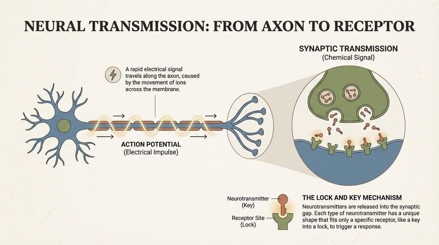 Infographic showing an action potential traveling down an axon, then a zoomed synapse where neurotransmitters fit receptors in a lock-and-key fashion.