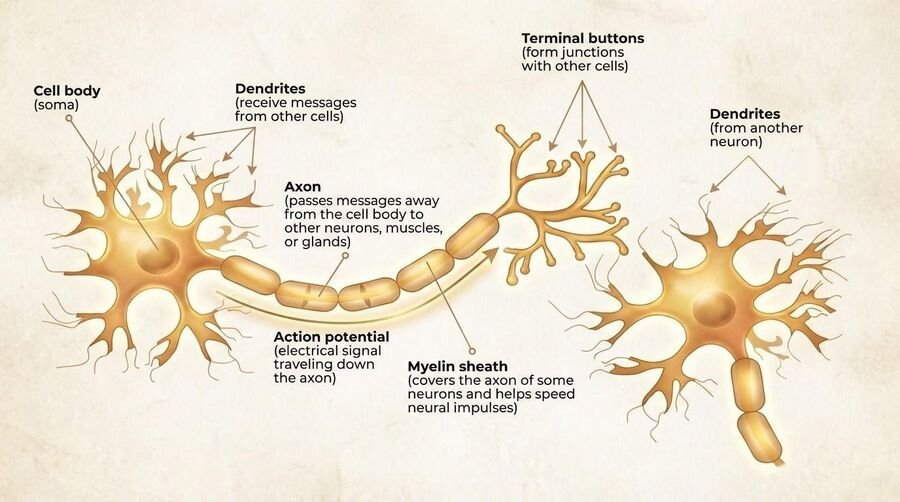 Labeled diagram of a neuron: cell body (soma), dendrites, axon, myelin sheath, and terminal buttons connecting to a second neuron's dendrites.
