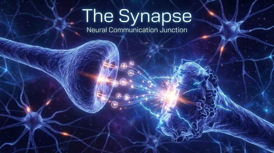 Stylized rendering of a synapse: one neuron's terminal releasing glowing neurotransmitter packets across the gap to a receiving neuron.