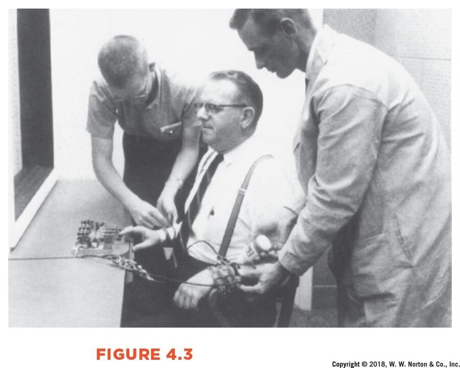 A seated participant is strapped to an electrode apparatus while two men in shirtsleeves attach the wires.