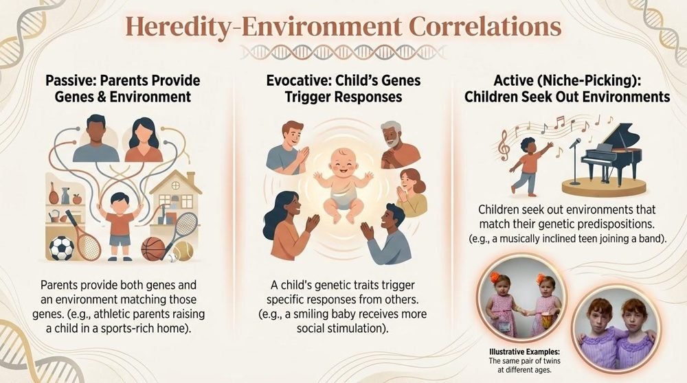 Infographic of three heredity–environment correlations. Passive: parents provide both genes and a matching environment, shown by a child among sports gear. Evocative: a child's genes trigger responses, shown by a smiling baby drawing adults' attention. Active or niche-picking: children seek out environments that fit them, shown by a child heading toward a piano.