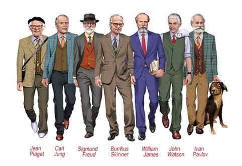 Illustration of seven famous psychologists drawn as modern men walking in a row, each labeled: Jean Piaget, Carl Jung, Sigmund Freud, Burrhus Skinner, William James, John Watson, and Ivan Pavlov with a dog.
