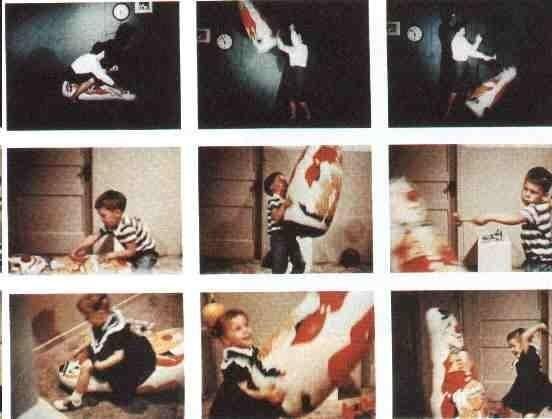 A nine-panel photo sequence of a young child imitating an adult's aggressive actions toward an inflatable Bobo doll — hitting, kicking, and striking it.