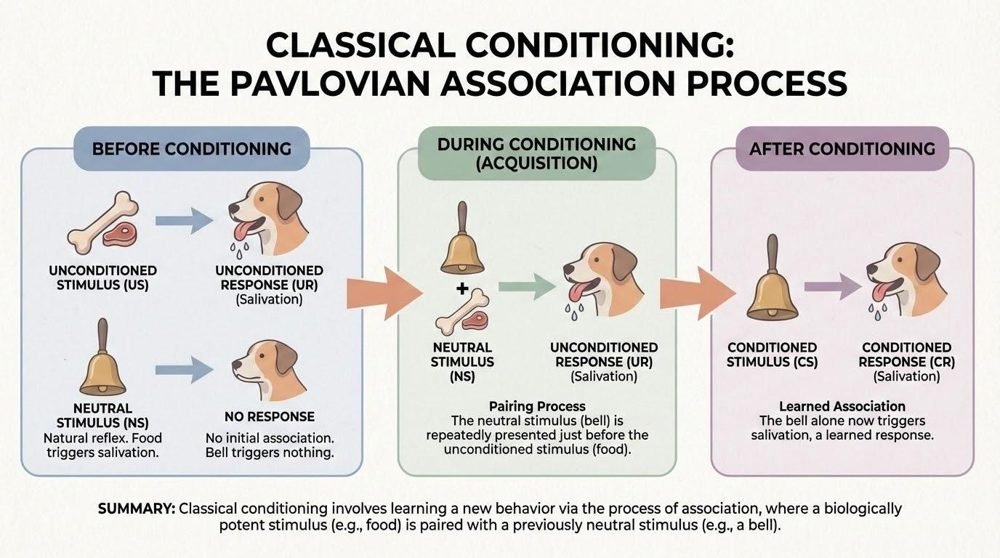 Infographic of classical conditioning in three panels. Before conditioning: food (unconditioned stimulus) makes the dog salivate (unconditioned response); a bell (neutral stimulus) produces no response. During conditioning: the bell is rung just before the food, and the dog salivates. After conditioning: the bell alone (conditioned stimulus) makes the dog salivate (conditioned response).