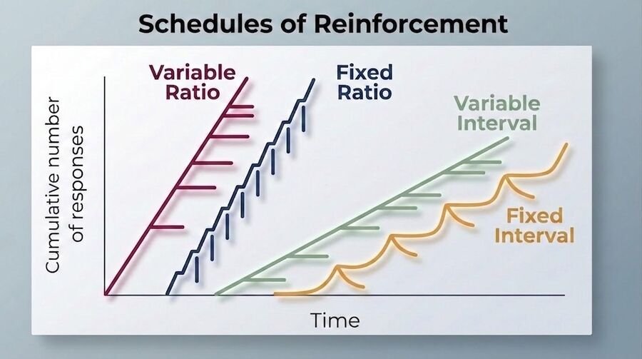 Cumulative-response graph comparing four reinforcement schedules — variable ratio, fixed ratio, variable interval, and fixed interval — with ratio schedules rising steepest and fixed interval showing a scalloped curve.