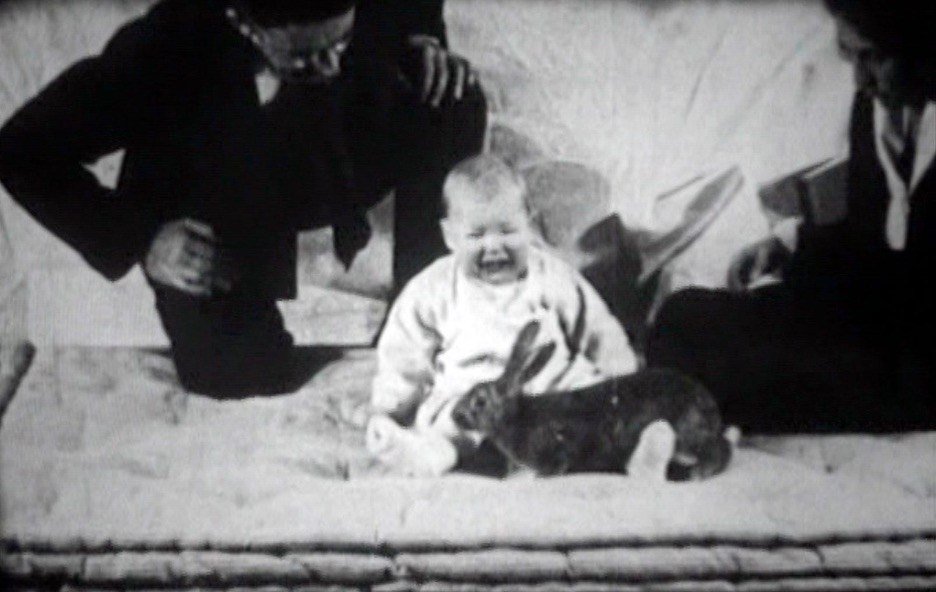 Black-and-white photo of Little Albert crying, with a furry animal in front of him and the researchers nearby.