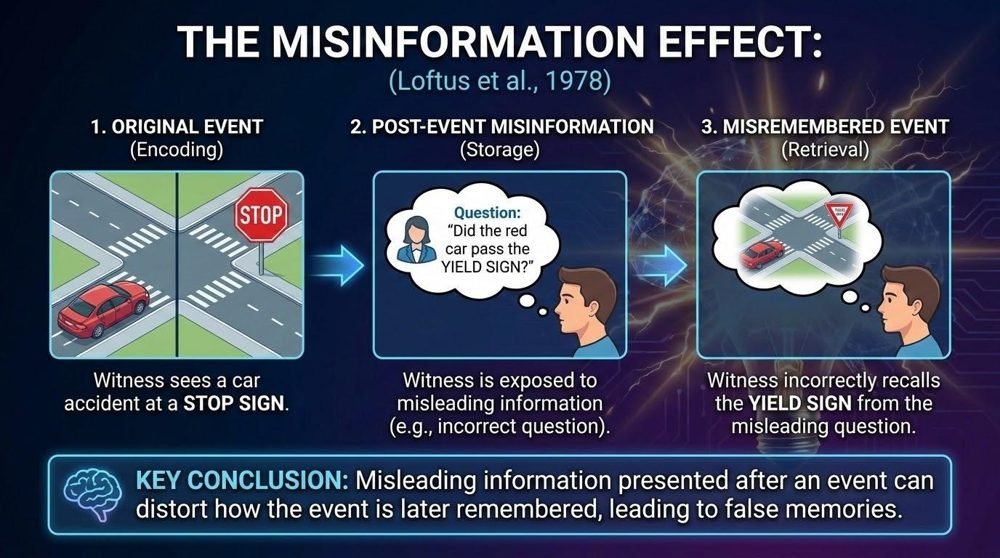 Infographic of the misinformation effect in three steps. Original event: a witness sees a car stop at a stop sign. Post-event misinformation: the witness is asked a question that mentions a yield sign. Misremembered event: the witness later recalls a yield sign instead of the stop sign.