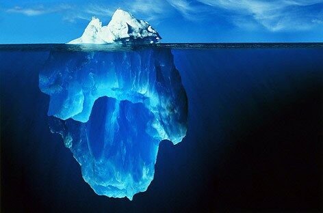 An iceberg with a small tip above the waterline and a vast mass submerged below.