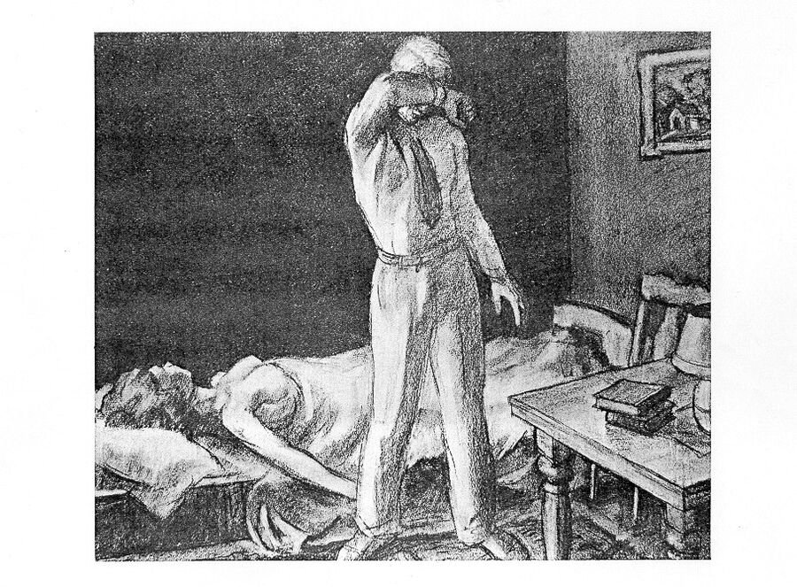 A charcoal drawing of a person standing and covering their face beside another figure lying on a bed — an ambiguous scene of the kind used in the Thematic Apperception Test.