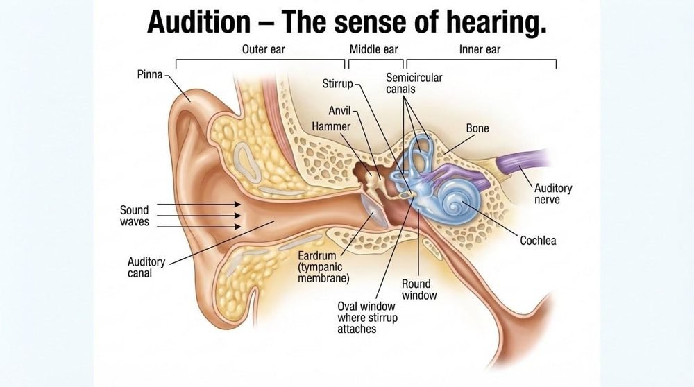Labeled cross-section of the human ear. Outer ear: pinna and auditory canal leading to the eardrum. Middle ear: the ossicles — hammer, anvil, and stirrup — against the oval window. Inner ear: the cochlea and semicircular canals, with the auditory nerve leaving toward the brain.