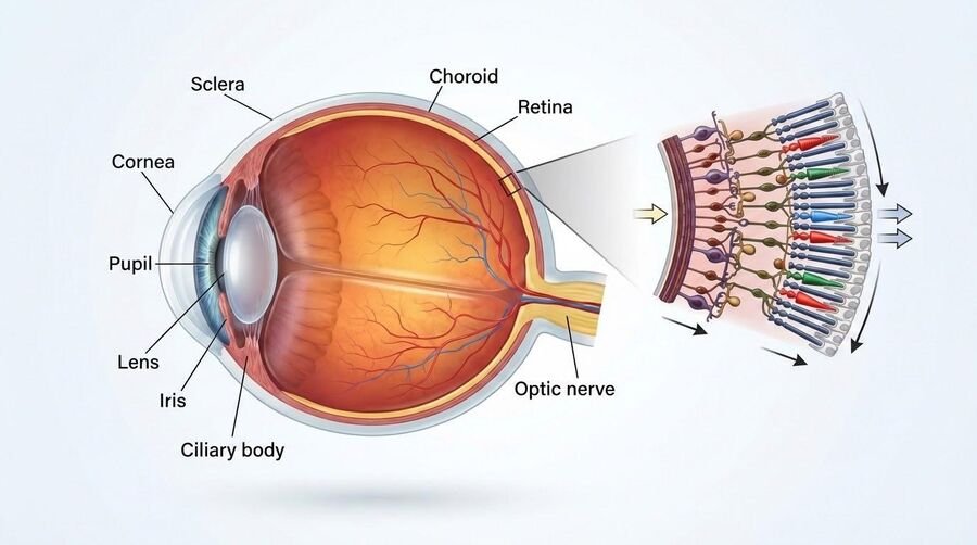 Labeled cross-section of the human eye — cornea, pupil, iris, lens, sclera, choroid, retina, and optic nerve — with an inset of the retina's photoreceptor layer.