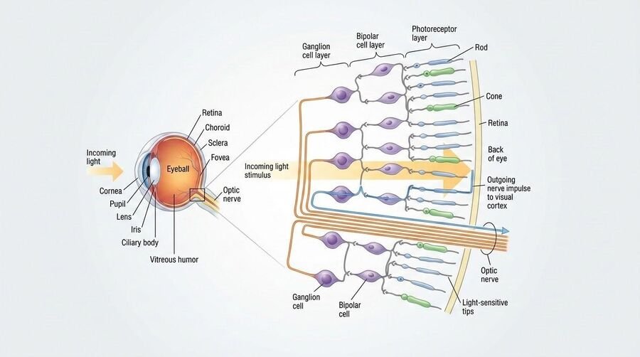 Detailed diagram of the retina's layers — ganglion cells, bipolar cells, and the photoreceptor layer of rods and cones — showing incoming light passing through to the light-sensitive tips.