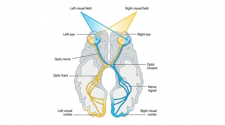 Diagram of the visual pathway: left and right visual fields projecting through each eye, crossing at the optic chiasm, and continuing via the optic tracts to the left and right visual cortex.