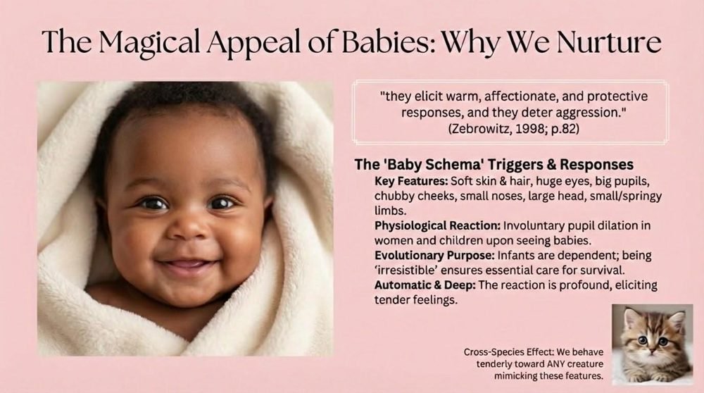 Slide titled The Magical Appeal of Babies: Why We Nurture. A close-up of a smiling infant with large eyes and round cheeks, beside text on the baby-schema triggers and responses: soft skin, big eyes, chubby cheeks, a large head, and clumsy limbs elicit affection and protective responses; the same features in kittens and other young animals evoke similar caregiving.