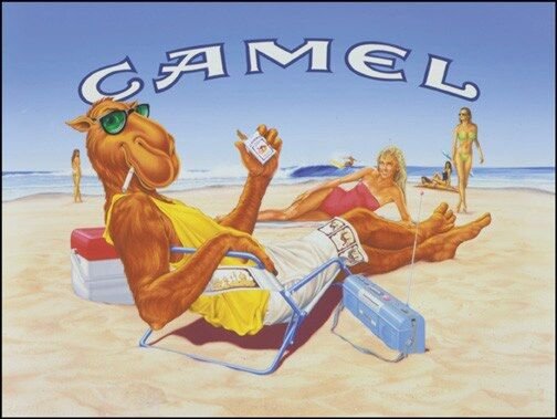 A vintage Camel cigarettes advertisement showing the cartoon 'Joe Camel' character lounging on a beach in sunglasses.