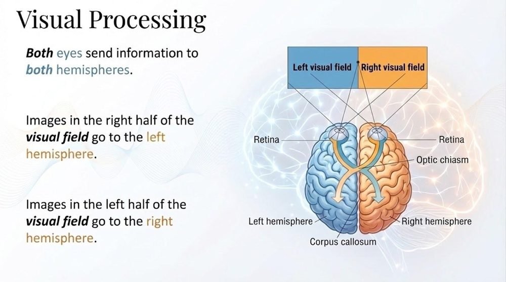 Slide titled Visual Processing. A bar shows the left visual field in blue and the right visual field in orange above a brain viewed from the top. Paths from both retinas cross at the optic chiasm, so images in the right half of the visual field go to the left hemisphere and images in the left half go to the right hemisphere; the corpus callosum connects the two hemispheres. Text notes that both eyes send information to both hemispheres.