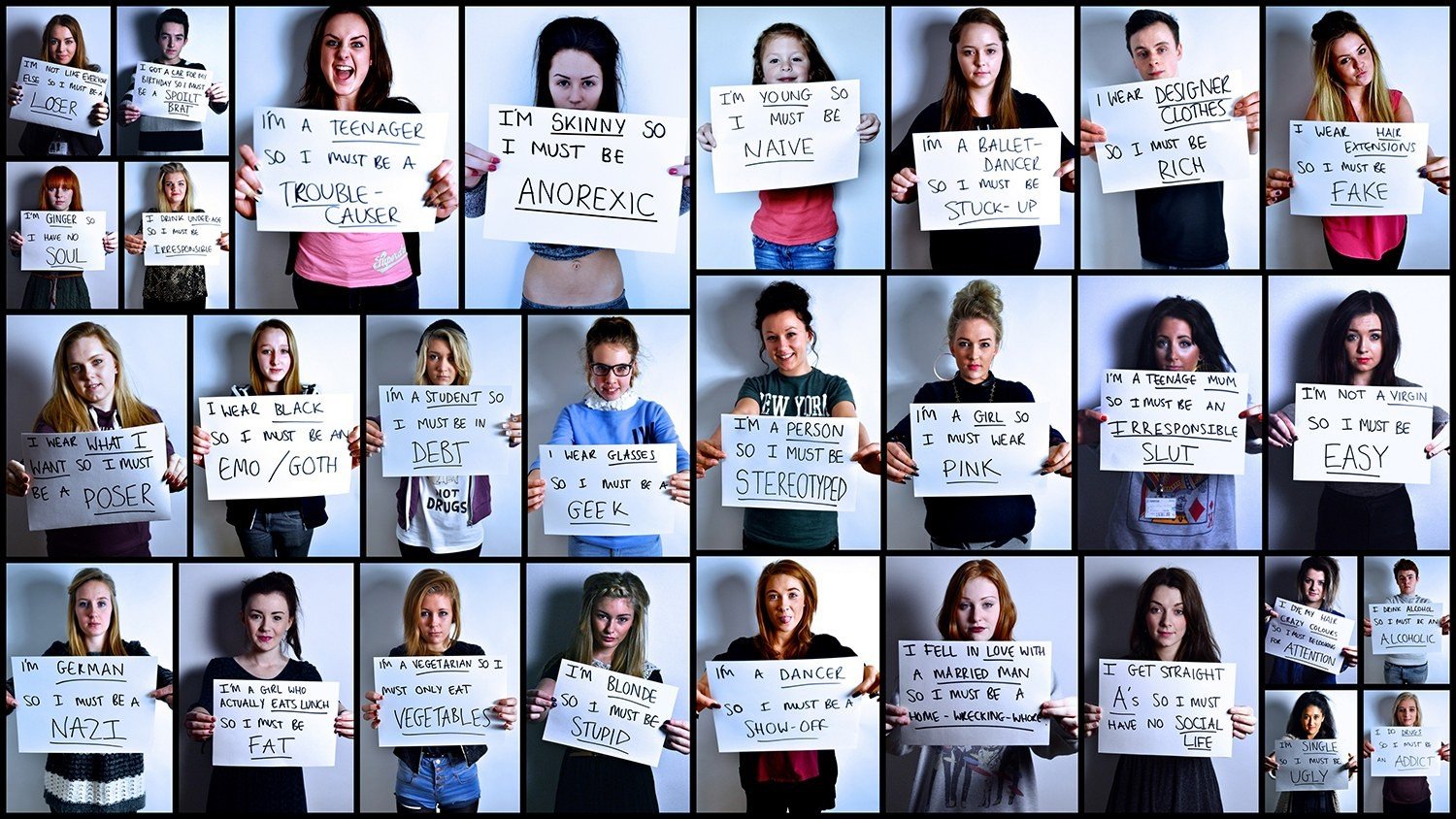 Grid of adolescents each holding a handwritten sign describing a stereotype they feel pressured by.