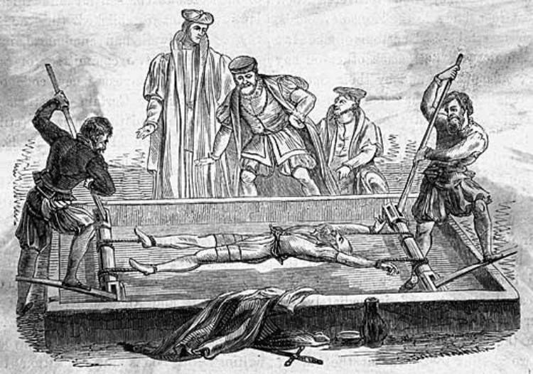 Antique engraving of a figure stretched on a rack.