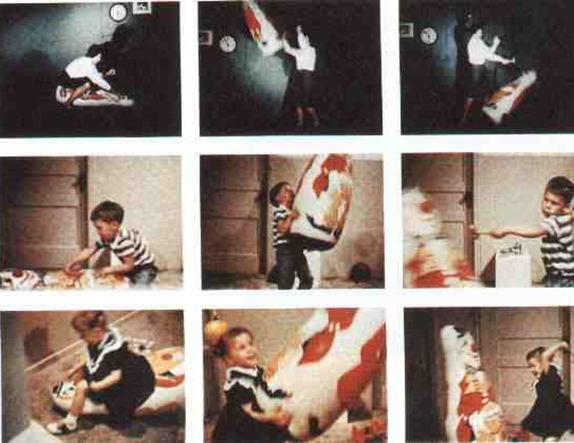 Nine sequential frames of an adult and then a child striking and kicking an inflatable Bobo doll.