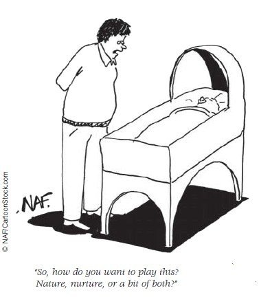 Cartoon of a parent looking into a crib asking whether to play it nature, nurture, or a bit of both.