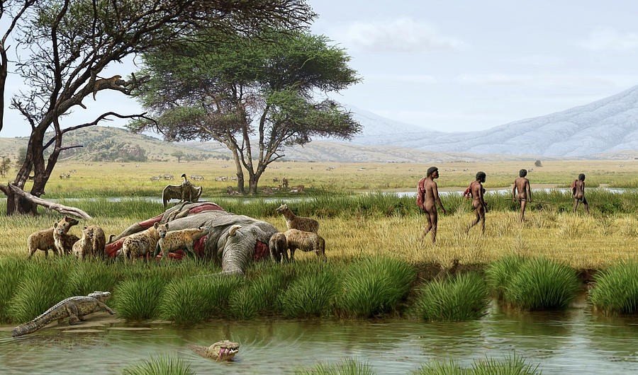 Reconstruction of an African savanna with early humans and animals near water.