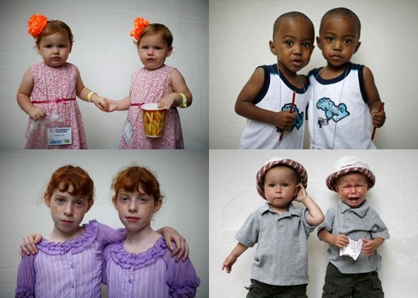 Four photographs of twin and sibling pairs of young children.
