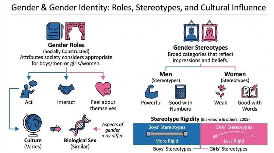 Diagram separating gender roles, gender stereotypes, biological sex, and culture, with examples of stereotyped traits for men and women and a note that boys' stereotypes are more rigid than girls'.