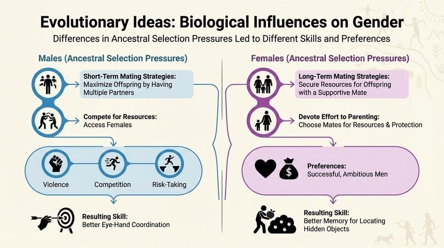 Diagram of evolutionary ideas about gender: ancestral selection pressures on males (short-term mating, competition, violence, risk-taking) and females (long-term mating, parenting, resource-seeking preferences), with resulting skills.