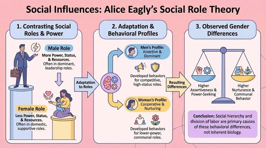 Three-panel diagram of Alice Eagly's social role theory: contrasting social roles and power, adaptation into behavioral profiles, and the resulting observed gender differences.