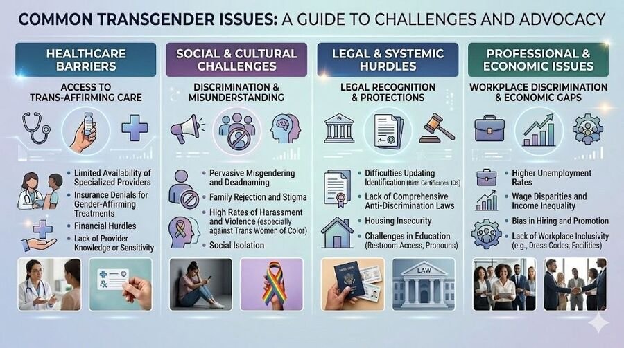 Infographic of common transgender issues in four columns: healthcare barriers, social and cultural challenges, legal and systemic hurdles, and professional and economic issues.