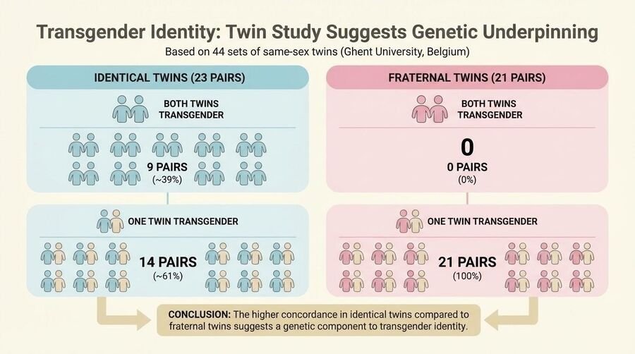 Infographic of a twin study of transgender identity based on 44 same-sex twin pairs: 9 of 23 identical pairs were concordant versus 0 of 21 fraternal pairs.