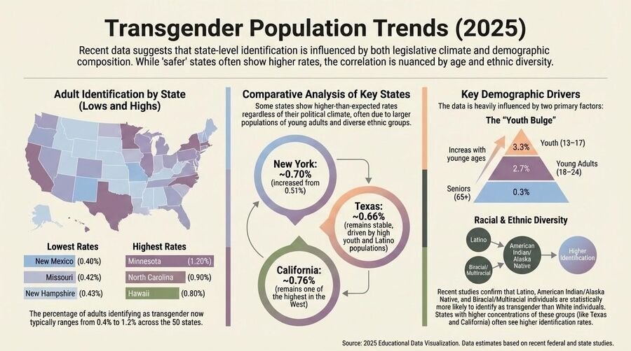 Infographic of 2025 transgender population trends by U.S. state, with a map, highest and lowest state rates, a youth-bulge age breakdown, and racial and ethnic diversity.