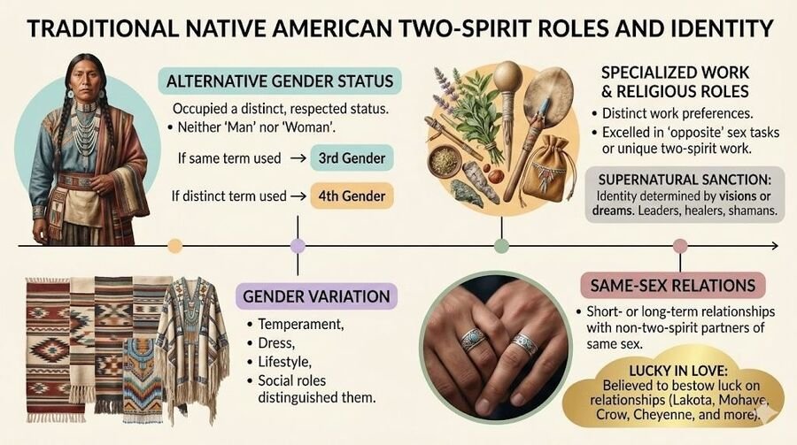 Infographic on traditional Native American Two-Spirit roles: alternative gender status, specialized work and religious roles, gender variation, and same-sex relations.
