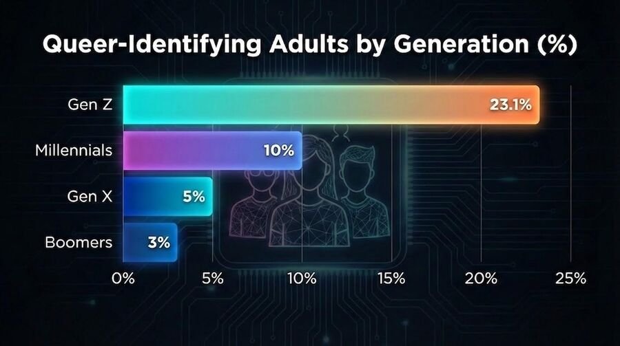 Bar chart of queer-identifying adults by generation: Gen Z 23.1 percent, Millennials 10 percent, Gen X 5 percent, Boomers 3 percent.