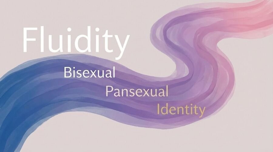 Flowing ribbon graphic with the words fluidity, bisexual, pansexual, and identity.