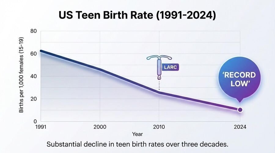 Line chart of the U.S. teen birth rate from 1991 to 2024, falling from about 62 to a record low near 13 births per 1,000 females aged 15 to 19.