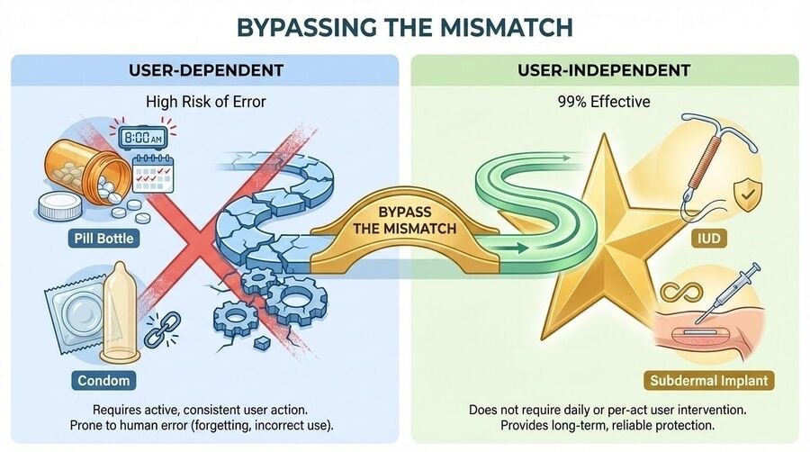 Diagram contrasting user-dependent contraception (pill, condom; high risk of error) with user-independent methods (IUD, implant; 99 percent effective) that bypass the mismatch.