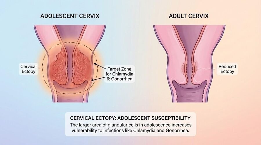 Anatomical comparison of the adolescent and adult cervix showing the larger zone of cervical ectopy in adolescence, which increases susceptibility to chlamydia and gonorrhea.