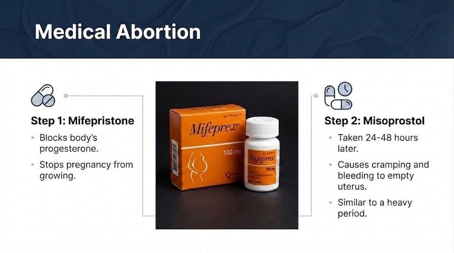 Diagram of medical abortion: step one mifepristone blocks progesterone, step two misoprostol taken 24 to 48 hours later causes cramping and bleeding.