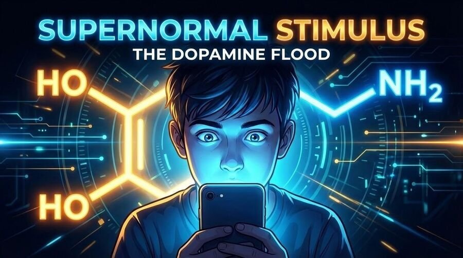 Illustration of a teenager staring at a phone with glowing dopamine molecules, titled supernormal stimulus, the dopamine flood.
