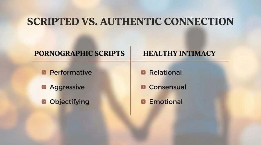Comparison of pornographic scripts (performative, aggressive, objectifying) with healthy intimacy (relational, consensual, emotional).