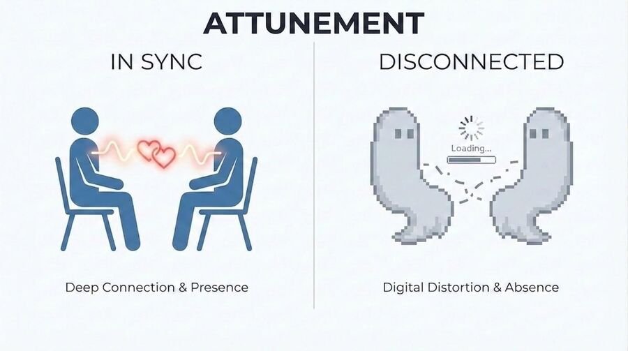 Two-panel illustration titled attunement: two people in sync face to face, versus two figures disconnected by devices.