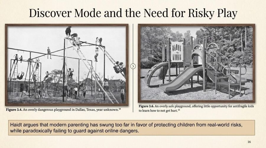 Two historical photographs: a tall, dangerous playground in Dallas and an overly safe modern playground, illustrating discover mode and the need for risky play.