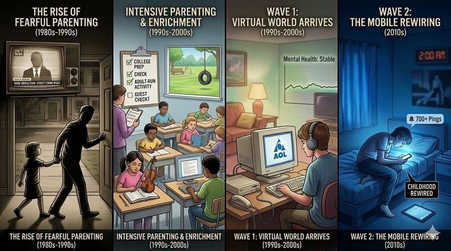 Four-panel timeline: the rise of fearful parenting (1980s–1990s), intensive parenting and enrichment (1990s–2000s), wave one the virtual world arrives, wave two the mobile rewiring (2010s).