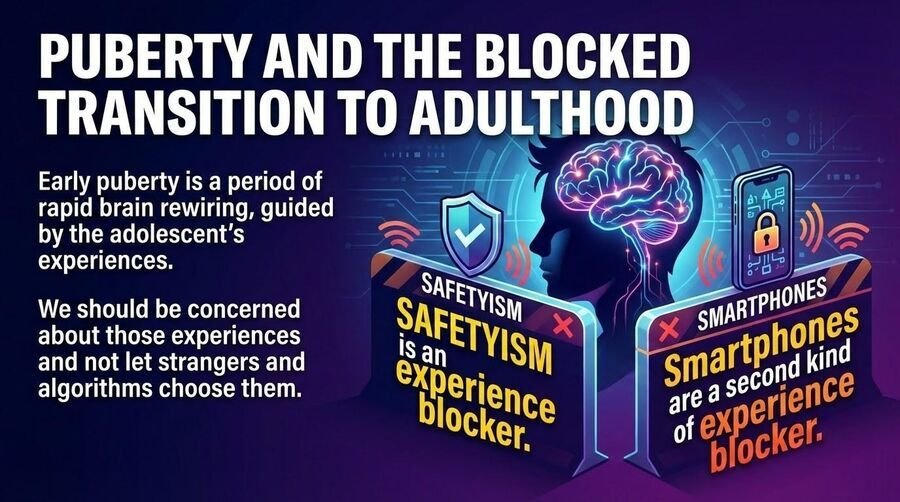 Graphic stating that early puberty is a period of rapid brain rewiring and that safetyism and smartphones are both experience blockers.