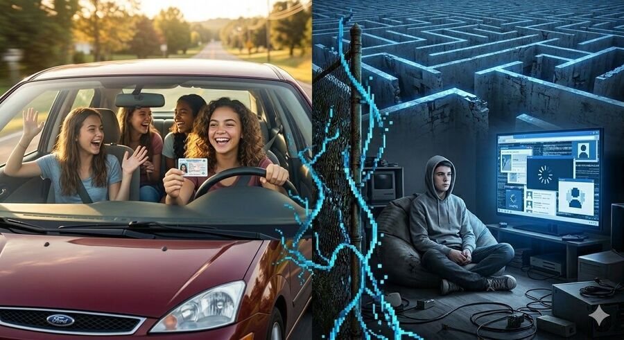 Split image of teenagers laughing together in a car versus a teenager alone in a dark room with a computer.