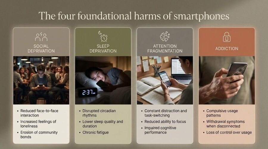 Four-panel graphic of the four foundational harms of smartphones: social deprivation, sleep deprivation, attention fragmentation, and addiction, each with bullet points.