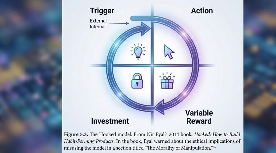 Diagram of the Hooked model with four stages in a cycle: trigger, action, variable reward, investment.